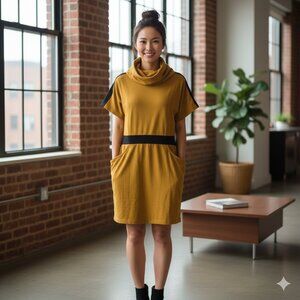 Cowl Neck Mini Dress Women Large Mustard Yellow Black Colorblock Futuristic